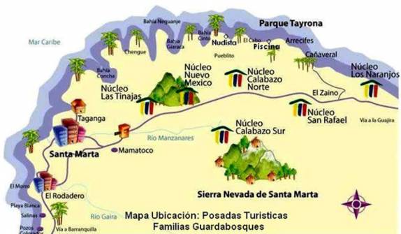 Mapa do Parque Nacional de Tayrona. Nós entramos por El Zaino, no leste, e deixamos o carro em Cañaveral. Caminhamos até El Cabo (onde acampamos), passando por Arrecifes e Piscinas